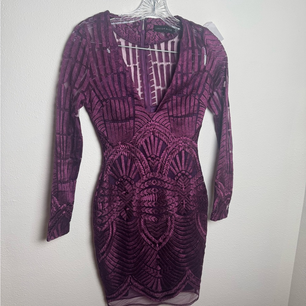 Lavish Alice Deep Purple holiday lace bodycon Long Sleeve Dress Glam